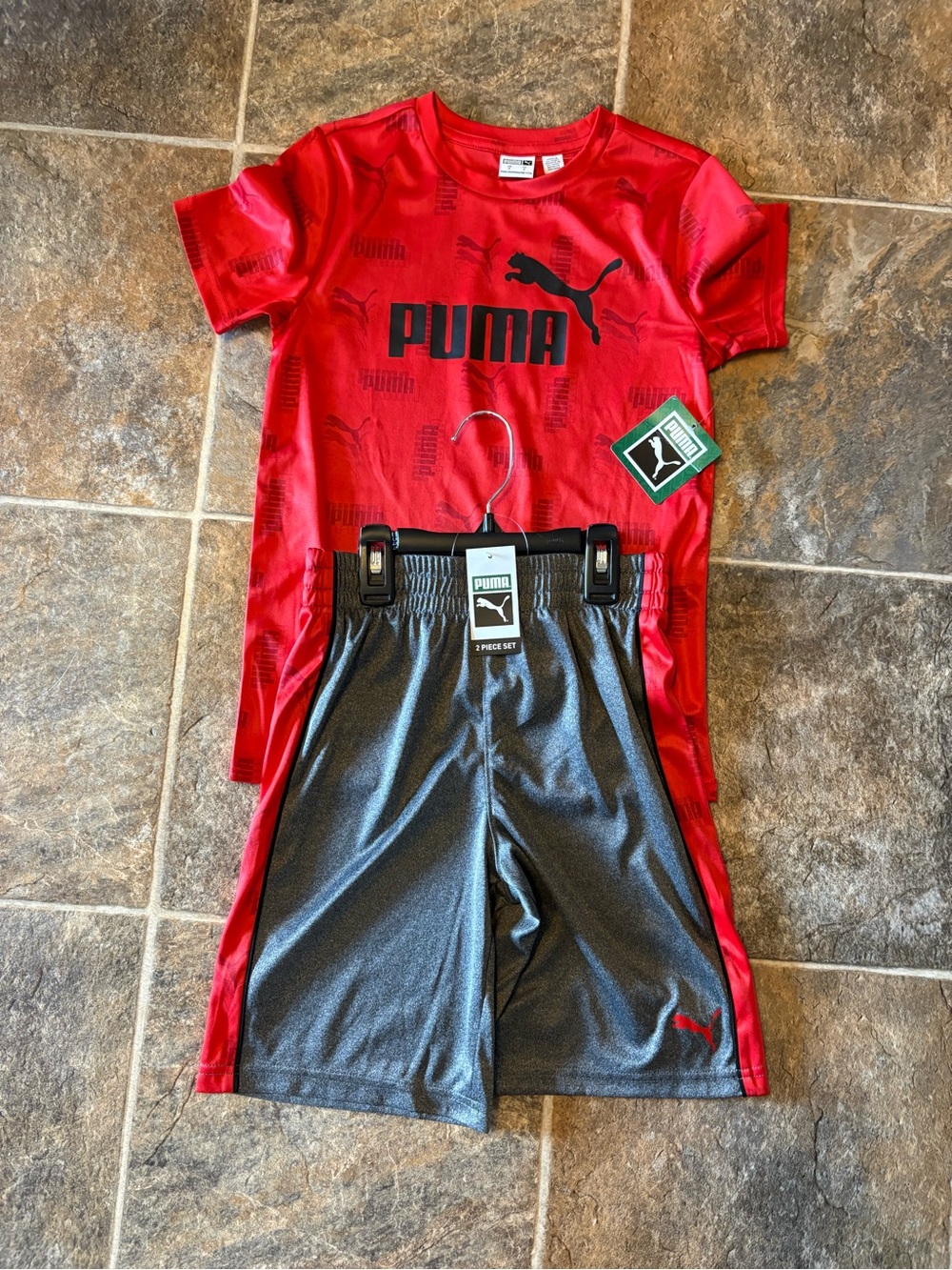 Puma Red Performance Tee & shorts with Black Logo NWT size 8